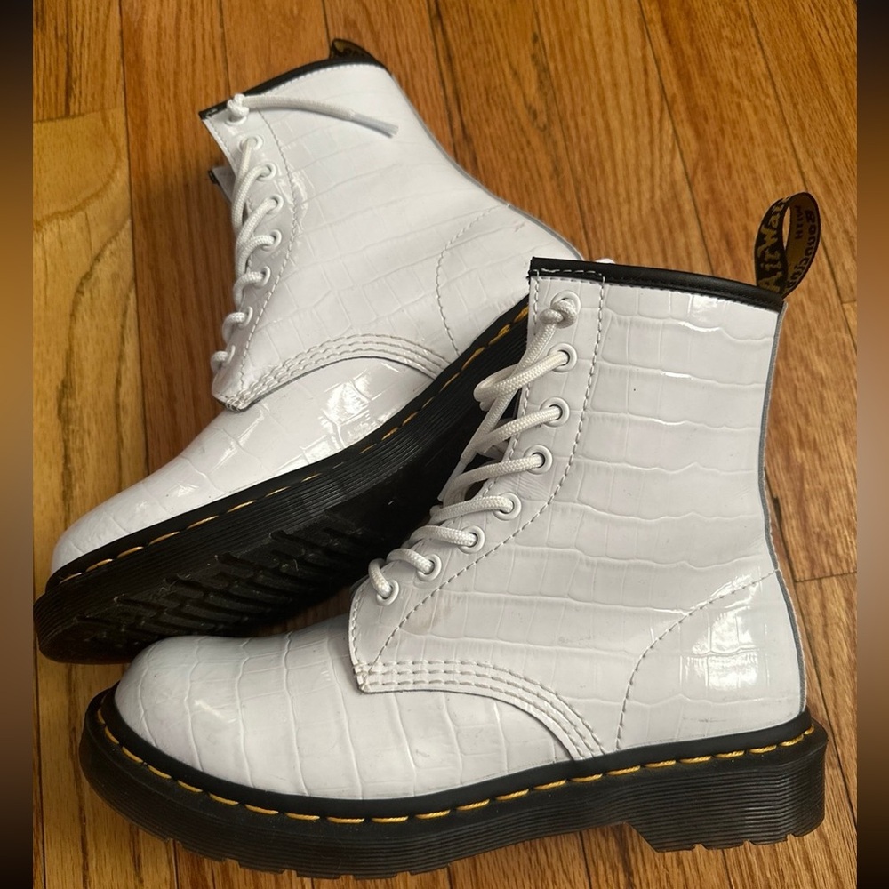 Dr. Martens White Croc-Embossed Combat Boots